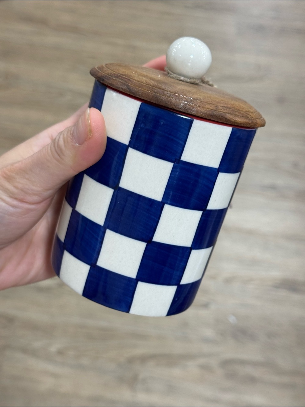 Blue & White Checker Ceramic Canister with Wood Lid